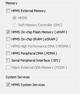Figure 9 System Builder Configurations for HPMS System Services and envm The envm data storage client is defined using the configure flash memory option under the Memories page in the system builder
