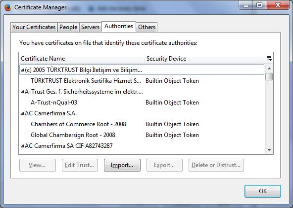 Firefox Certificate Management Interface Options => Certificates =>