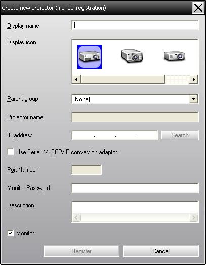 Registering and deleting projectors for monitoring 14 C To end the registration operation, click in the top-right corner of the window or click "Cancel".