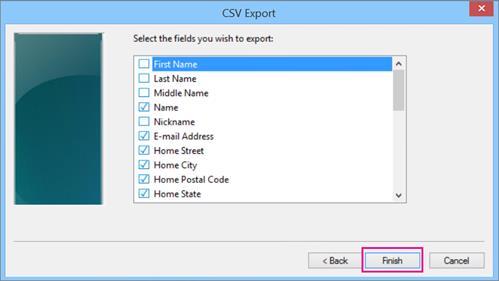 7. Choose the fields you want to export into the.csv File and then choose Finish.