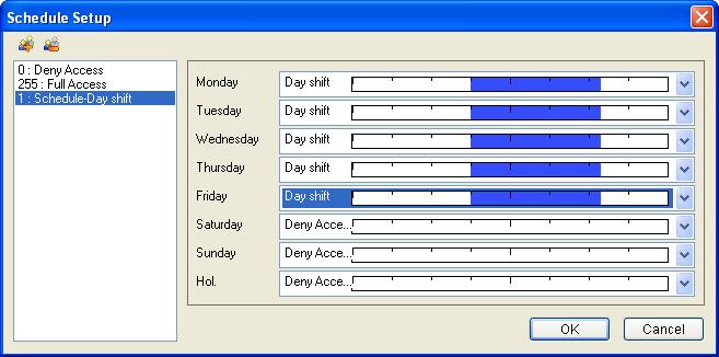 4 Settings 4. From the drop-down lists of Monday to Friday, select the Day shift time zone we have created. No access is allowed on Saturday, Sunday and Holiday.