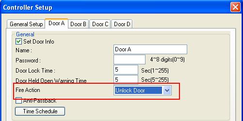 5. In the Controller Setup dialog box, click the Door A and Door B tab respectively, and select Unlock Door in the Fire Action