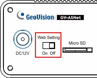 10.2.4.D Other Settings The figure below shows the location of the Web Setting Switch, Default Button and Power Status LED. Front View Rear View Figure 10-13 10.2.4.D.a Web Setting Switch When the Web Setting switch is set to ON, you can modify Advanced Settings of GV- AS100 / 110 / 120 through the Web interface.