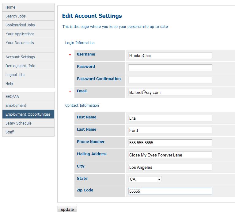 Account Settings Editing Account Settings allows an applicant to change their password and update their contact information.