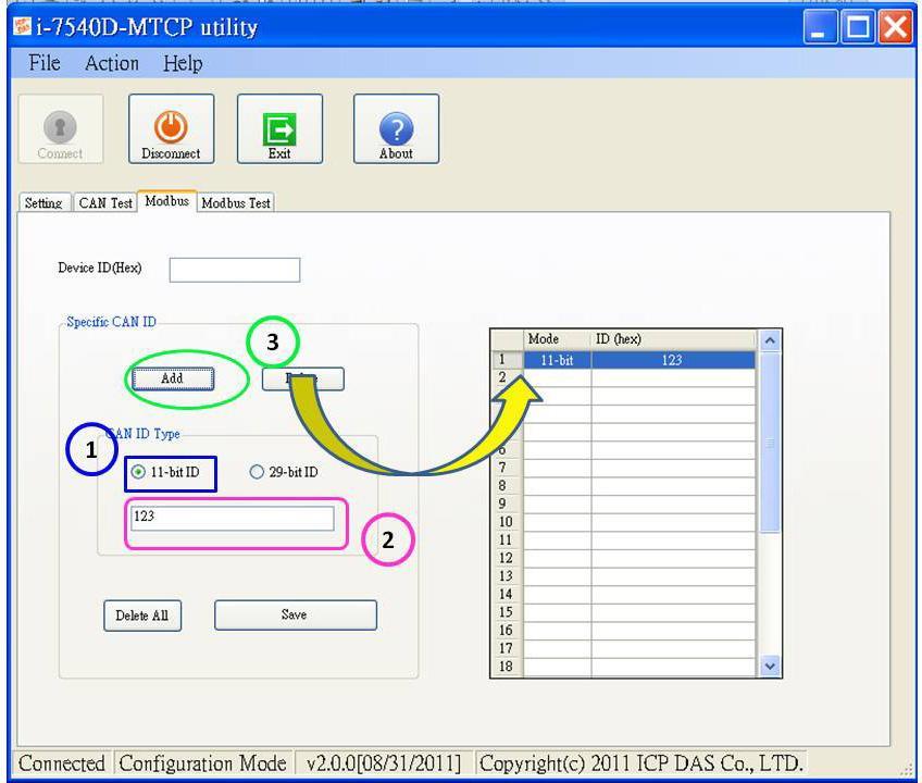 3.1.9 How to set specific CAN ID table When users select the Modbus TCP or Modbus RTU mode, the functions, Device ID and Specific CAN ID, are useful.