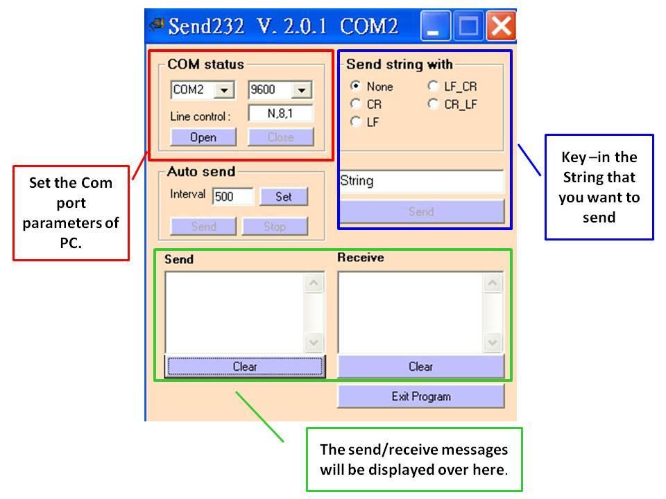 Send232: Send232 uses serial port (RS-232) interface to communicate