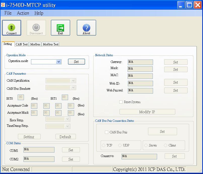 I-7540D-MTCP Software Utility tool: Communication mode setting CAN bus Baud Rate configuration; CAN acceptance filter configuration; CAN 2.0A or 2.