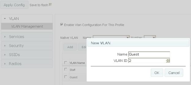 Configuring the Wireless Networks 4. Click the button Add to create a new VLAN. 5. Enter a name and number for the new VLAN. Click OK once done. 6.