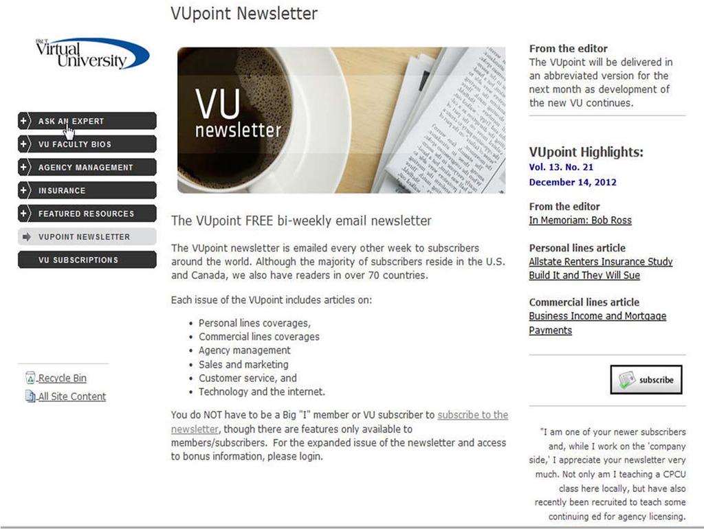 This is the page where anyone can subscribe to the VU newsletter.