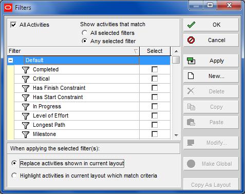 Double clicking on a cell in the Filter column opens the Filters form where you are able to select the filter/s which will determine which activities are displayed with the assigned bar format.