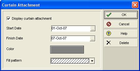 Select View, Attachments to display the Curtain menu or right-click a bar and select Attachments, Curtain: Add Curtain opens the Curtain Attachment form used to create a curtain: Show All shows all