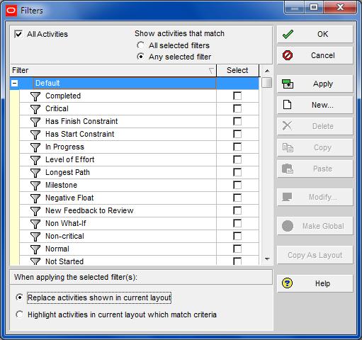 13.2 Applying a Filter 13.2.1 Filters Form Filters are applied from the Filters form which may be opened by: Clicking on the button, or Selecting View, Filters, or Right-clicking in the columns area