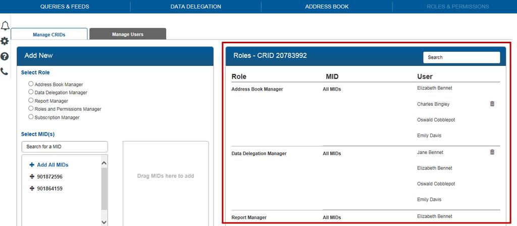 The Roles table on the right side of the page displays the roles assigned to the CRID s users.