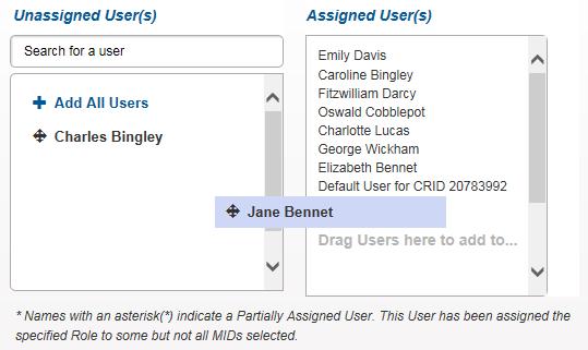6. Select the user(s) to be assigned the permission: To add a user, find the user on the left side of this section.