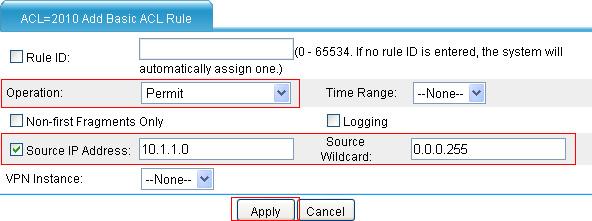 Figure 32 Configuring ACL 2010 Select Permit in Operation. Select Source IP Address and enter 10.1.1.0 in the field. Enter 0.0.0.255 in Source Wildcard. Click Apply.