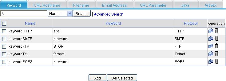 Figure 53 Keyword filtering entry list Figure 54 Adding a keyword filtering entry Table 23 Configuration items Item Name Specify the name of the keyword filtering entry.