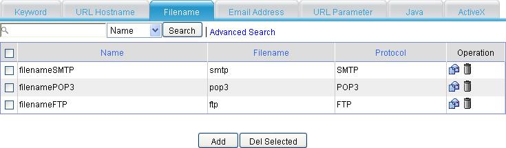 Figure 57 Filename filtering entry list Figure 58 Adding a filename filtering entry Table 25 Configuration items Item Name Specify the name of the filename filtering entry.