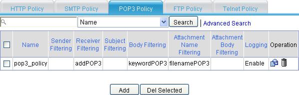 Figure 71 POP3 filtering policy list Figure 72 Adding a POP3 filtering policy Table 32 Configuration items Item Name Sender Filtering Receiver Filtering Subject Filtering Specify the name for