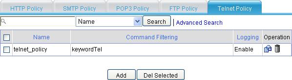 Figure 75 Telnet filtering policy list Figure 76 Adding a Telnet filtering policy Table 34 Configuration items Item Name Specify the name for the Telnet filtering policy.