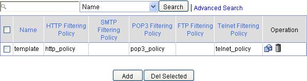Figure 77 Policy template list Figure 78 Adding a content filtering policy template Table 35 Configuration items Item Name HTTP Filtering Policy Enter the name of the content filtering policy