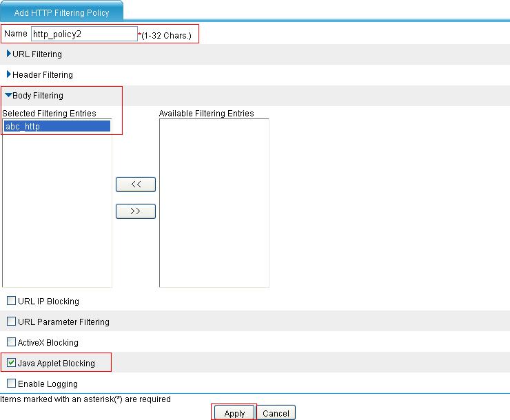 Figure 86 Configuring an HTTP filtering policy with Java applet blocking Enter the policy name http_policy2. Click the expansion button before Body Filtering.