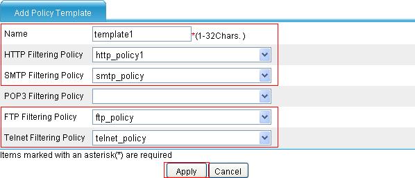 Figure 89 Configuring a Telnet filtering policy Enter the policy name telnet_policy. Click the expansion button before Command Filtering.