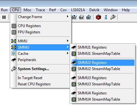You can access the automatically configured SMMUs through the CPU menu > SMMU submenu in TRACE32.