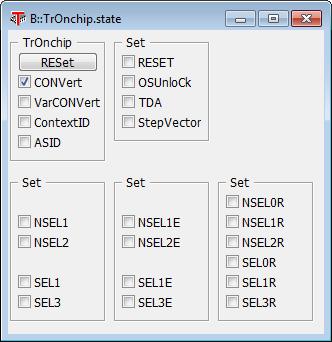 Set Enable/Disable stepping of exception handlers. C TrOnchip.Set If enabled, the program execution stops on an exception level change. D TrOnchip.