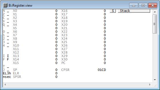 Checking Secure State In the peripheral file, the DBGDSCR register bit 18 (NS) shows the current secure state. You can also see it in the Register.view window if you scroll down a bit.