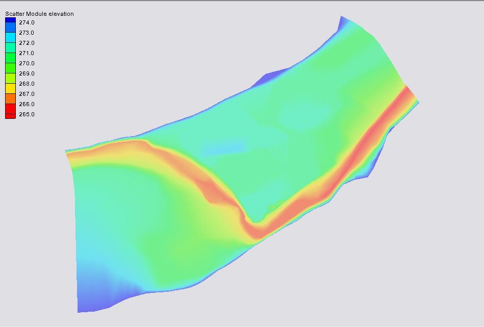 5. In the Contour tab change the Contour method to Color Fill. The contours may already be turned on. Figure 5 shows the contoured data. Figure 5 Scatter set using the contour color fill option 6.