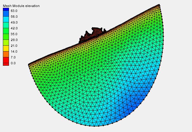 Figure 3 Mesh showing size function based on depth 4.1 Smoothing Data Now that the project has a mesh, notice that the elements change size rather abruptly.
