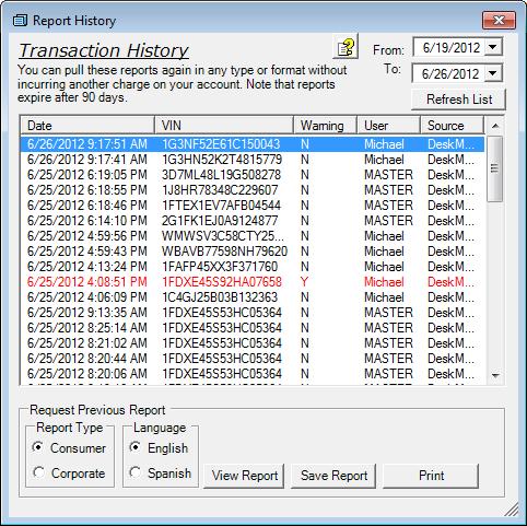 Full Report History This is accessed from the NMVTIS button in the Inventory list in DeskManager. It will present you your recent history by default, but this can be changed to any date range.