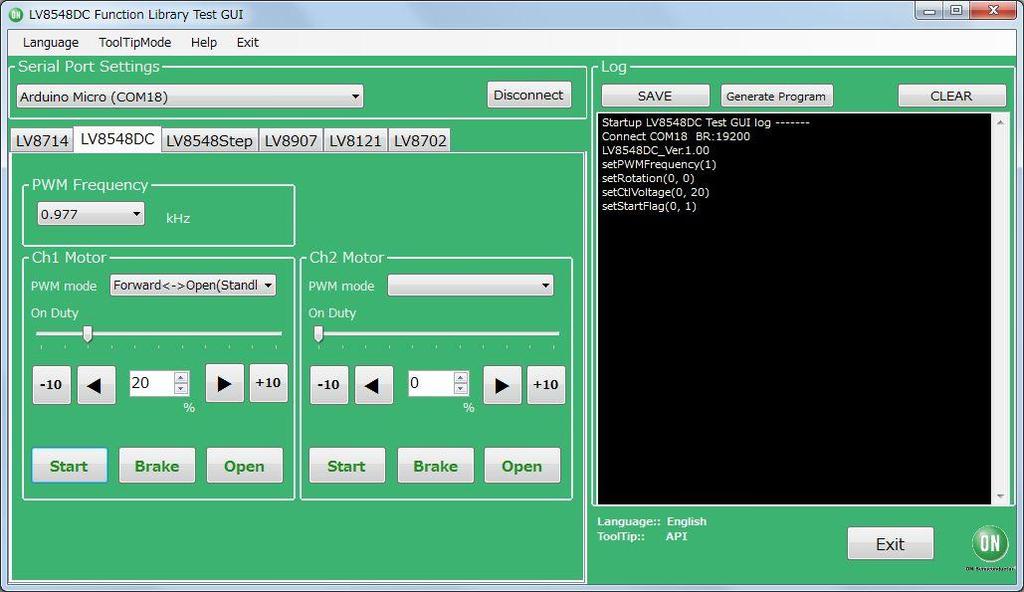 How to use the GUI Log The log screen in the GUI shows the serial data sent to Arduino to control its API functions. 11 13 12 i. Set Frequency ii. Set PWM mode iii. Set Duty Ratio i.
