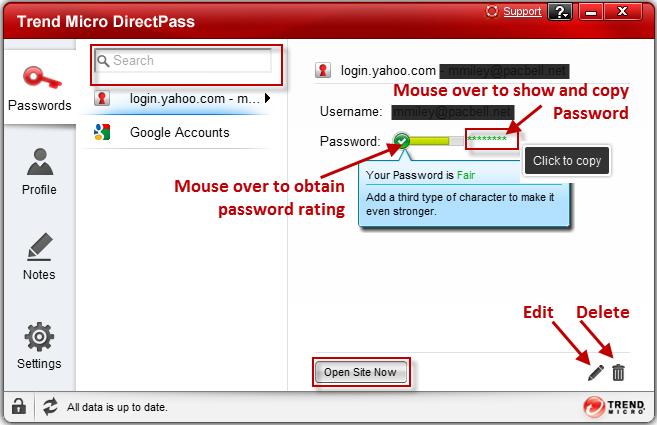 Managing Passwords To manage Passwords: 1. With the Passwords tab selected, select an account in the list. The account details appear. Figure 38. DirectPass Console > Passwords 2.