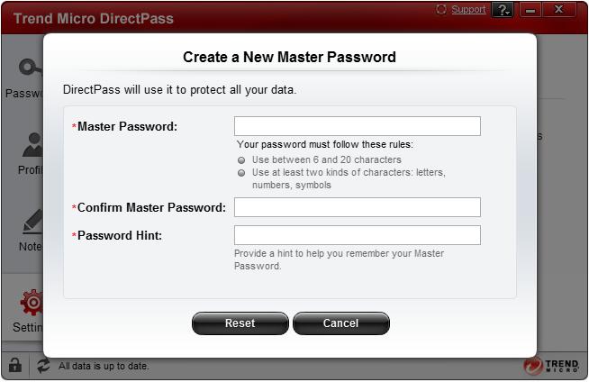 Figure 54. Create a New Master Password 5. Enter your new Master Password, Confirm the Master Password, provide a new Password Hint, and click Reset. This resets your Master Password.