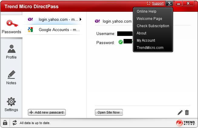 Support and Help The Trend Micro DirectPass Console provides Support and Help menus for a variety of support tasks: Figure 84. Support and Help 1.