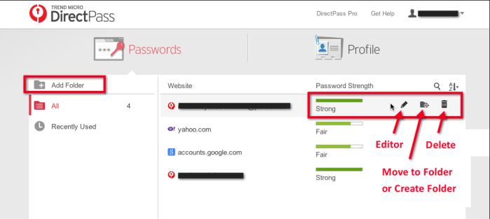 Figure 117. DirectPass Console > Passwords 6. Mouse over a password in the list. The editing icons appear in line with the password, to the right of the Password Strength column. 7.