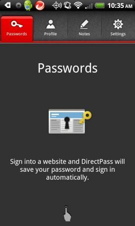 9. DirectPass opens and provides you with a walkthrough of the main screens Passwords, Profile, Notes, and