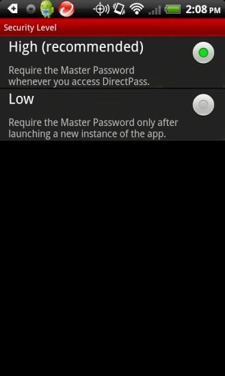 Back in the main Master Password screen, tap Security Level to change the security level of your Master Password.