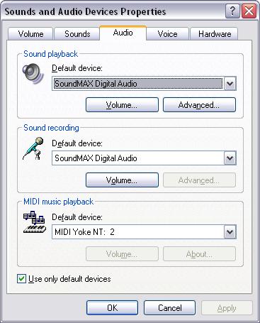 8. Select a MIDI Yoke device from the (Windows XP) Default device pull-down menu or the (Windows 2000) Preferred device pull-down menu in the MIDI music playback section as shown in Figure 1, and