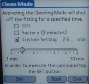 4.2c Clean Mode From Get Data Menu tapping on the Clean Mode button will allow the user to activate this mode and disable the faucet for pre-determined amount of time.