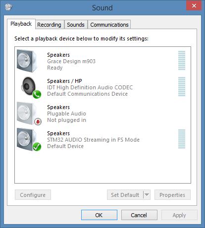 That is, the board uses default Windows drivers and no special drivers need to be installed 1. The board appears as a USB audio device. Select this under your Windows audio device settings.