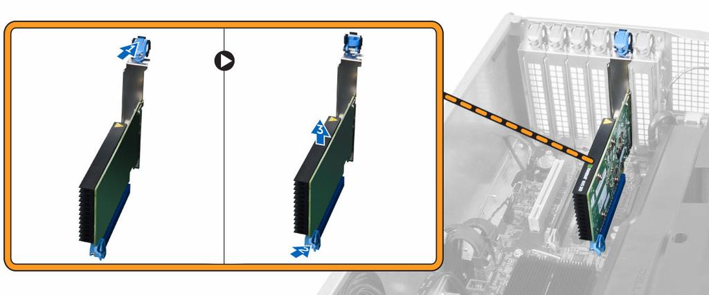 3. Perform the following steps as shown in the illustration: a. Open the plastic latch fastening the PCI card in its slot [1]. b.