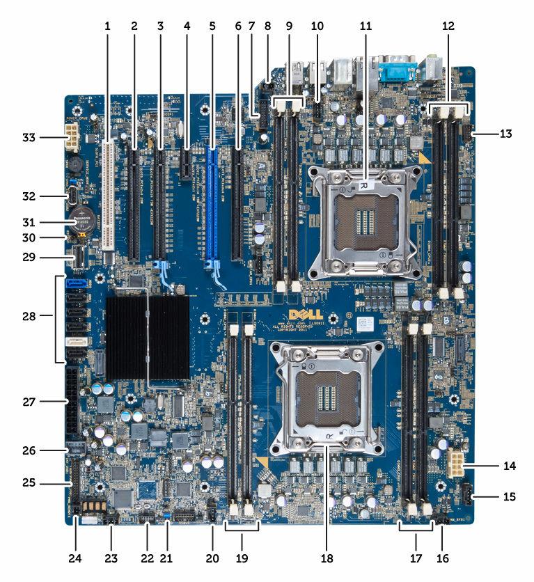 1. PCI slot 2. PCIe x16 slot (wired as x4) 3. PCIe x16 slot 4. PCIe x1 slot 5. PCIe x16 slot (accelerated graphics port) 6. PCIe x16 slot (wired as x4) 7. USB 3.0 front panel connector 8.