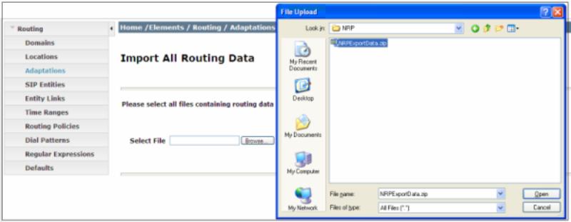 Installing the System Manager 6.3.2 patch 4. On the Adaptations page, click More Actions > Import. 5. To upload the file, on the Import All Routing Data page, browse to the NRPExportData.zip file. 6. To import the NRP data, click Import.
