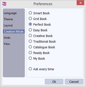 In Creation Mode tab, you can set the default creation mode you want to prefer while designing. By default, this mode is set on Perfect Book.