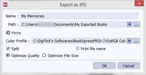 The default path for saving the JPG file appears in the textbox. The path is My Documents\My exported books. However, you could change the path and save it in any location of your choice.