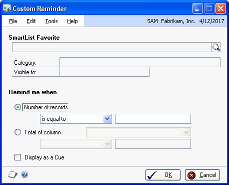 CHAPTER 17 REMINDERS AND TASKS 2. Choose New to open the Custom Reminder window. 3. Enter a SmartList favorite.