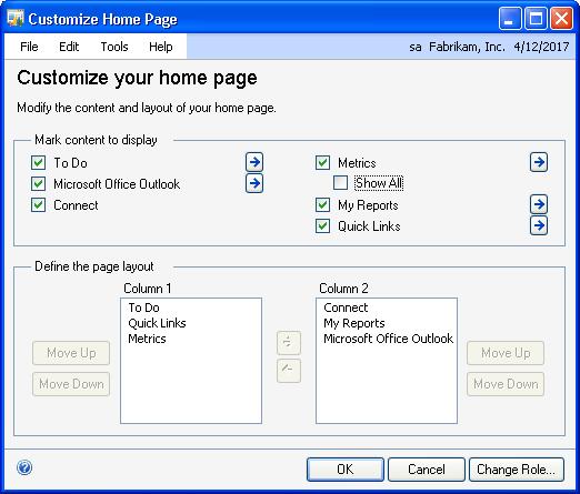 PART 1 THE BASICS To change your home page role: 1. Display your home page. (Choose the Home navigation pane button) 2.