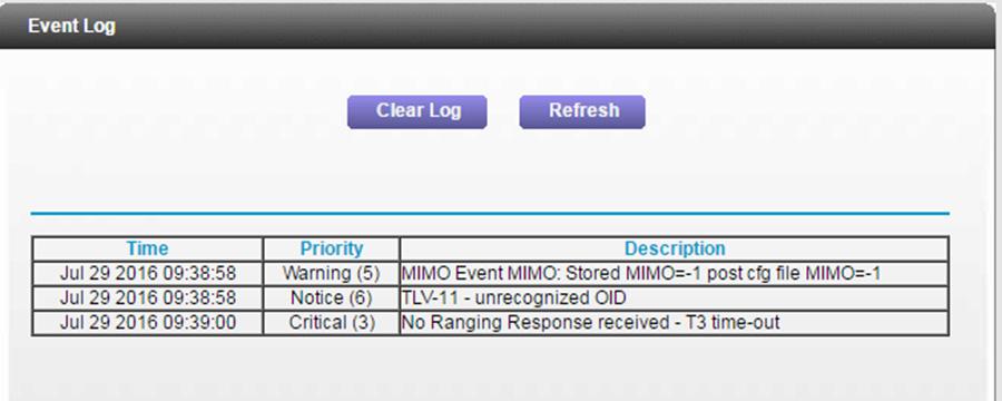 View and Clear Event Logs Event logs capture important cable modem events. To view and clear the event logs: 1.
